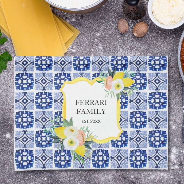 Lemon Citrus Navy Blue Italian Mediterranean Kitchen Towel (In situ)