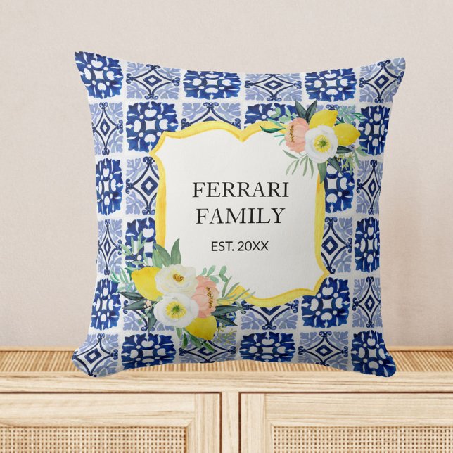 Lemon Citrus Navy Blue Italian Mediterranean Throw Pillow (In situ)