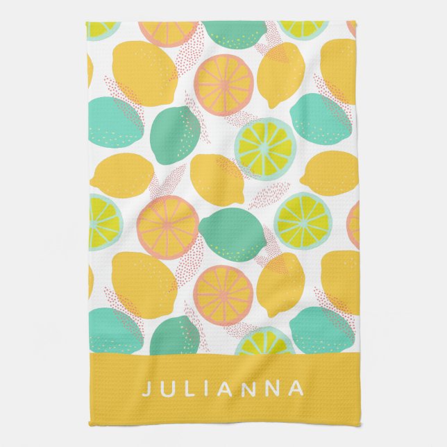 Lemon Citrus Pattern in Teal Yellow Personalized  Kitchen Towel (Vertical)