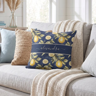 Lemon Citrus Pattern Monogram Name Throw Pillow