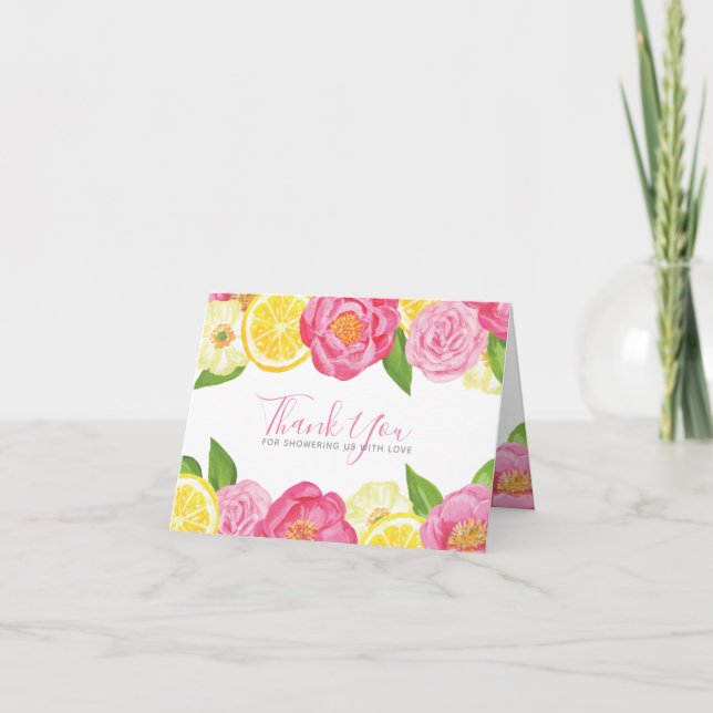 Lemon Citrus Pink Floral Baby Shower Thank You (Front)
