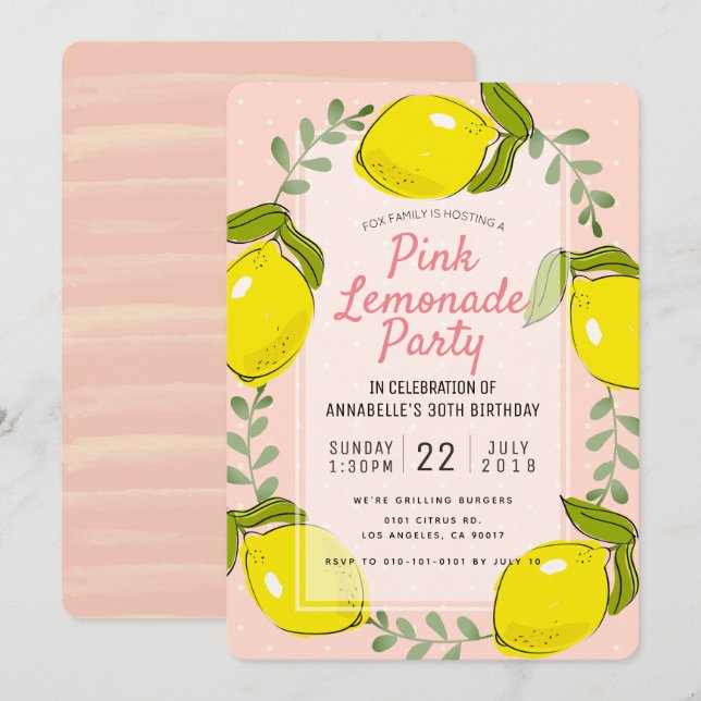 Lemon Citrus Pink Lemonade Party Invitation (Front/Back)