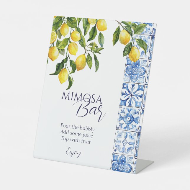 Lemon Citrus Positano Blue Tiles Mimosa Bar Pedestal Sign (Front)