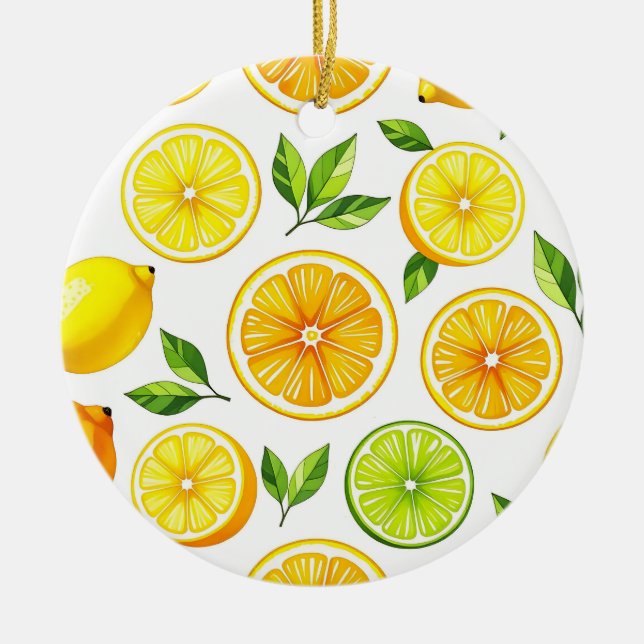Lemon Citrus Slice Pattern Ceramic Ornament (Front)