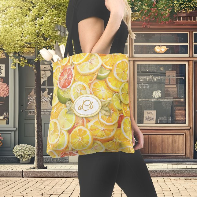 Lemon Citrus Slices with Custom Monogram Tote Bag (Creator Uploaded)