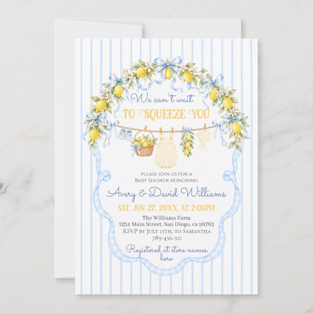 Lemon Citrus Squeeze Baby Shower Boy Clothes Bow Invitation (Front)