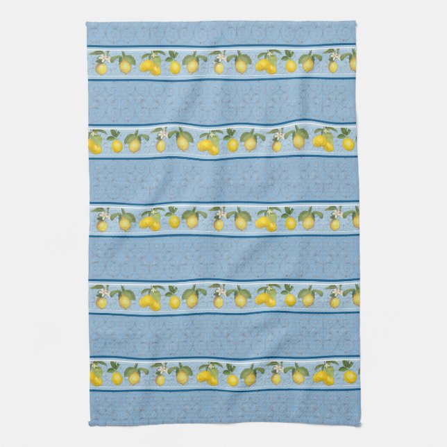 Lemon Citrus Stripe Farmhouse Blue French Country Kitchen Towel (Vertical)