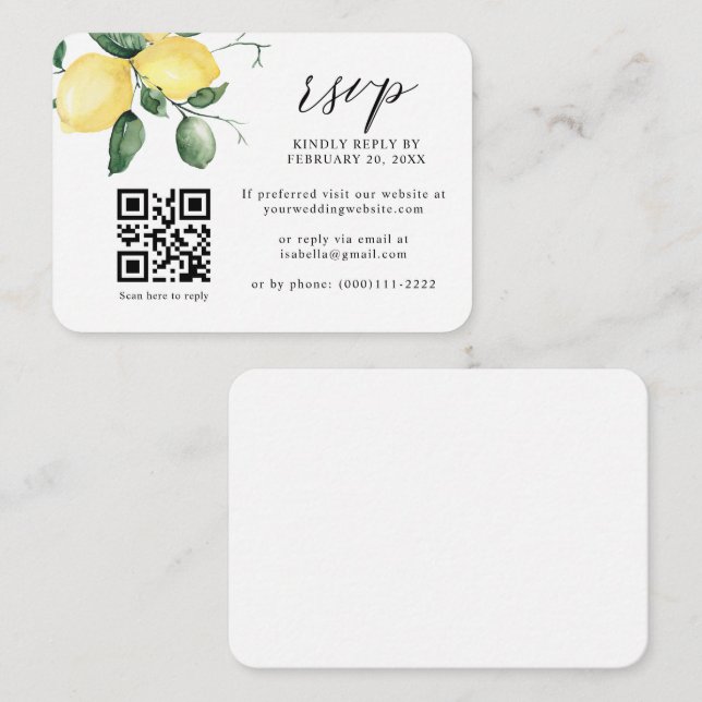 Lemon Citrus Summer Fruits QR Code Wedding RSVP Enclosure Card (Front/Back)