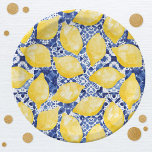 Lemon Citrus Watercolor Blue Mediterranean Tile Paper Plate<br><div class="desc">Pretty and zesty modern watercolor lemon pattern in yellow on a blue and white Mediterranean tile background for a fresh summer aesthetic.  Original art by Nic Squirrell.</div>