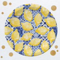 Lemon Citrus Watercolor Blue Mediterranean Tile