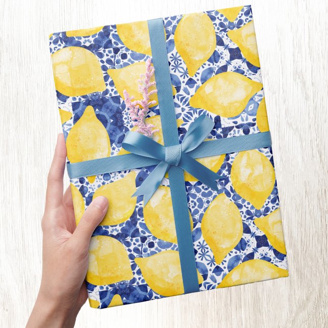 Lemon Citrus Watercolor Blue Mediterranean Tile Wrapping Paper (Watercolor lemons on a blue and white Mediterranean tile background patterned gift wrap paper roll)