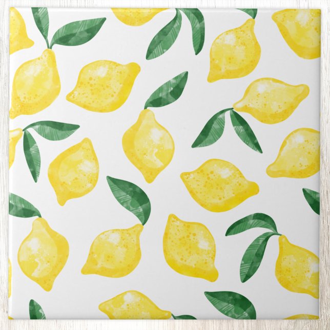 Lemon Citrus Watercolor Mediterranean Tile (Modern citrus lemon watercolor pattern decorative ceramic tile)