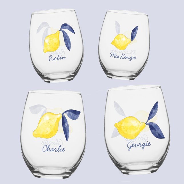 Lemon Citrus Watercolor Personalized Name Stemless Wine Glass (Fresh citrus lemon watercolor individual name personalized glasses)