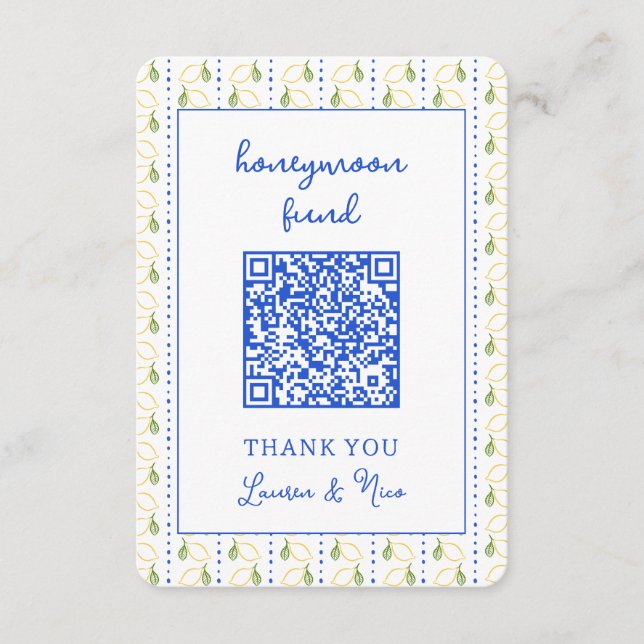 Lemon Citrus Wedding Honeymoon Fund QR Code Enclosure Card (Front)