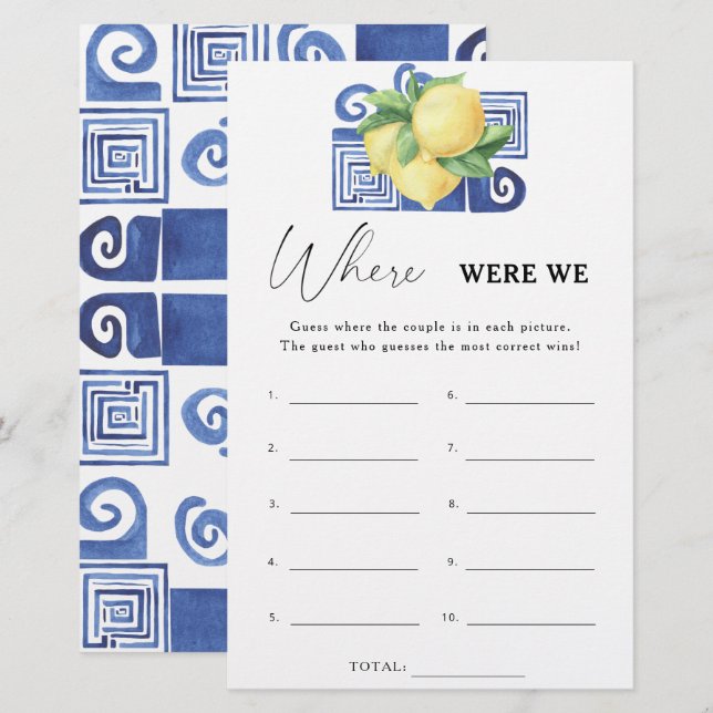 Lemon Citrus - Where were we bridal shower game (Front/Back)