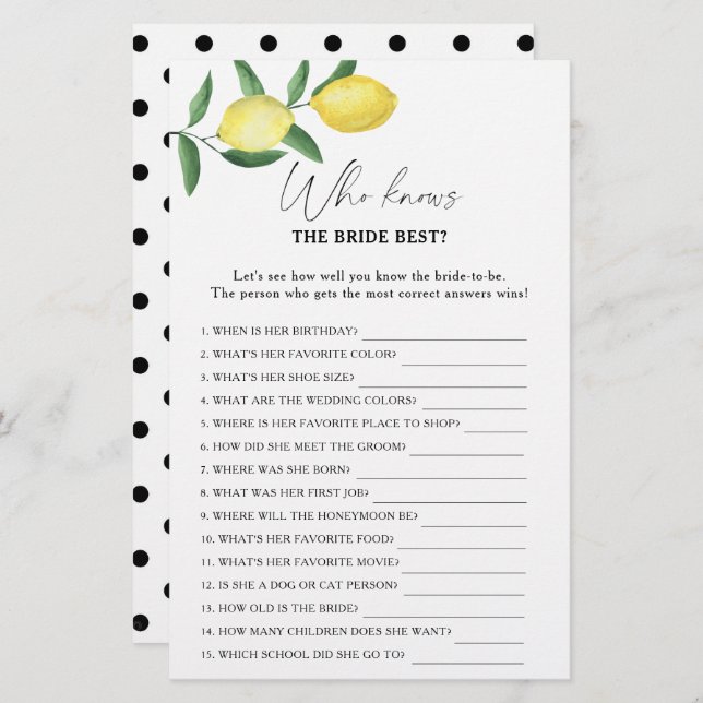 Lemon citrus - Who knows the bride best game (Front/Back)