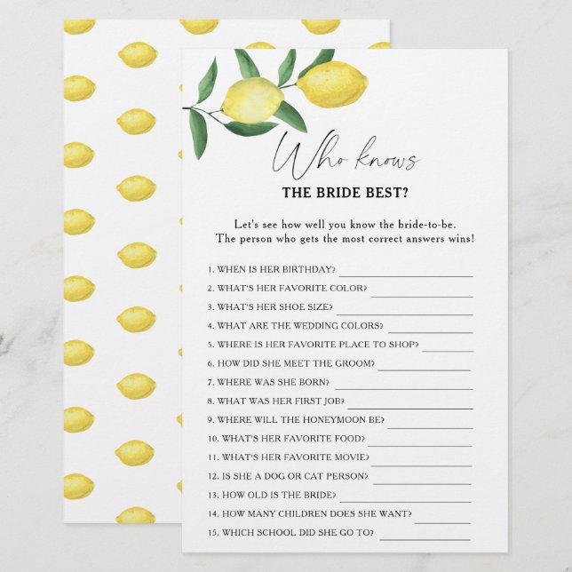 Lemon citrus - Who knows the bride best game (Front/Back)