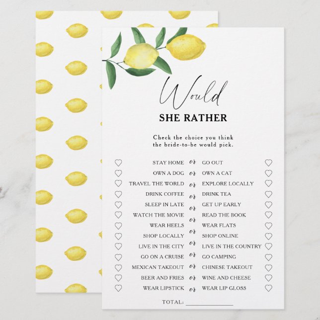 Lemon Citrus - Would she rather bridal shower game (Front/Back)