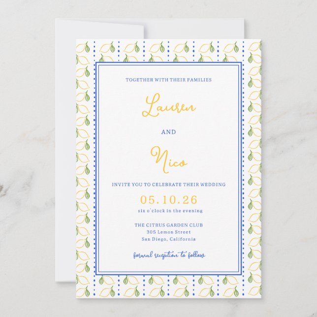 Lemon Citrus Yellow and Blue Italian Chic Wedding Invitation (Front)