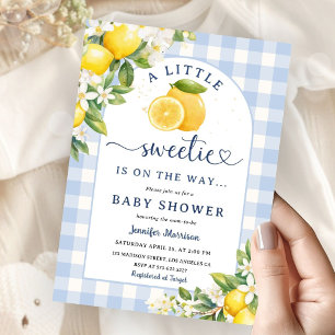 Lemon Citrus Yellow Baby Shower Boy Blue Gingham Invitation
