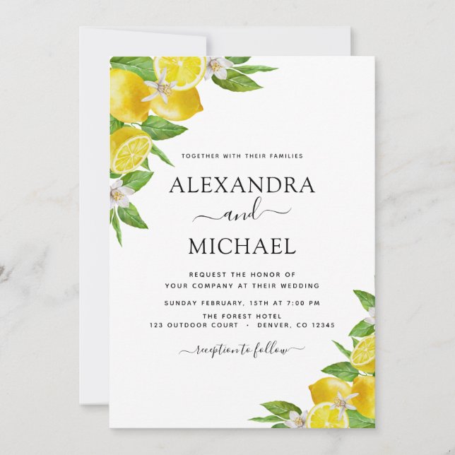 Lemon Citrus Yellow Watercolor Wedding Invitation (Front)