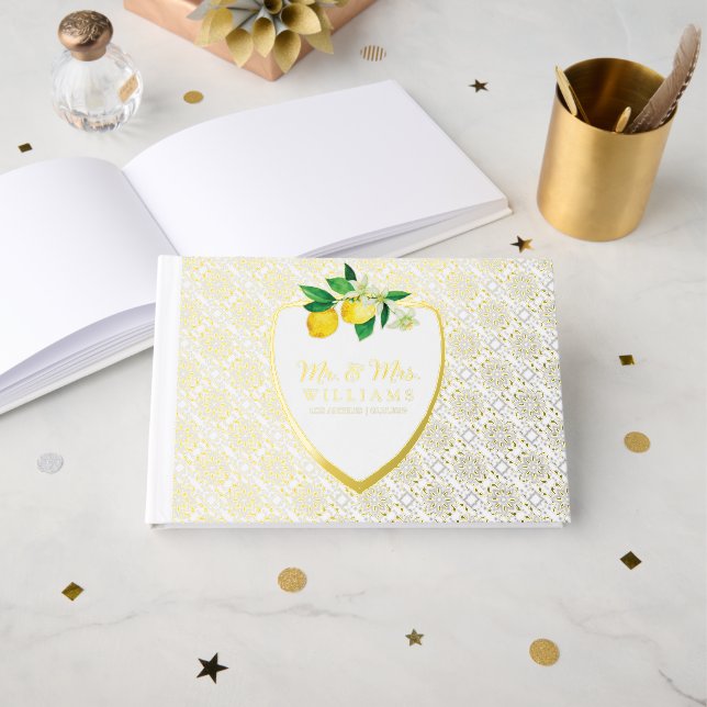 Lemon Crest Mediterranean Tiles Tuscan Wedding Guest Book (Front Open)