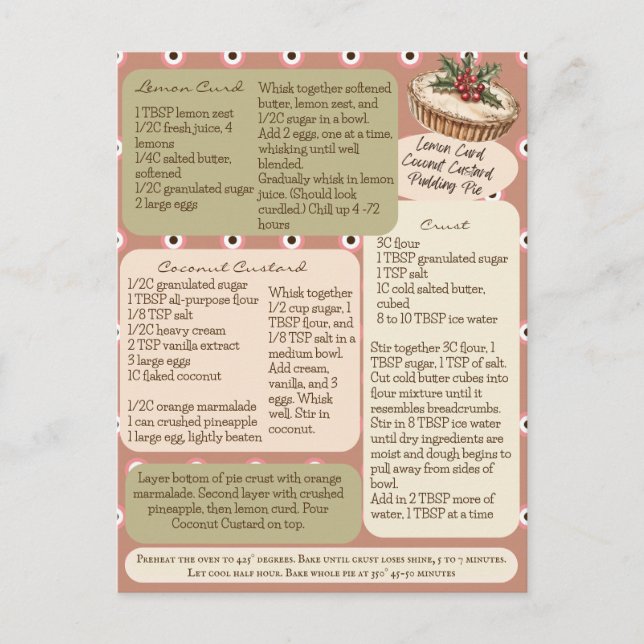 Lemon Curd Coconut Custard Pie Recipe  Postcard (Front)
