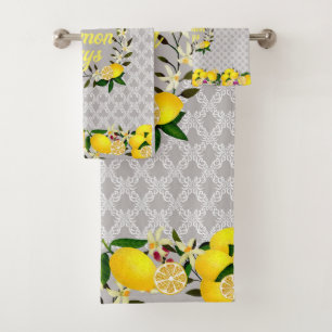 Lemon Days Motif Grey Bath Towel Set