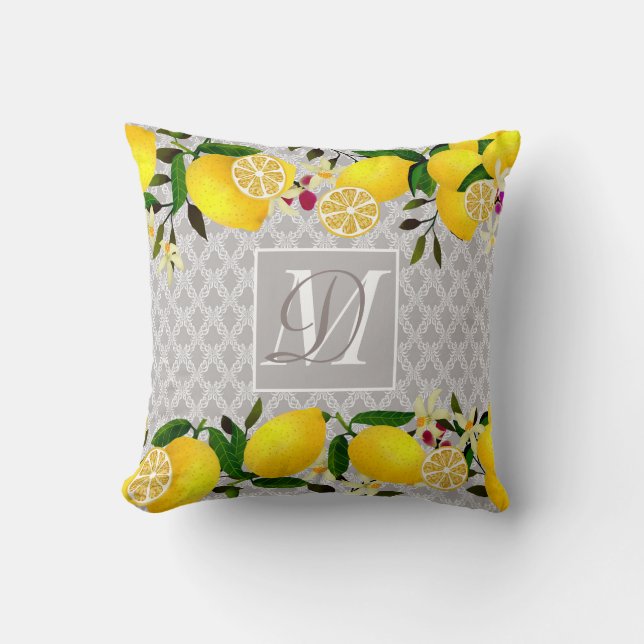 Lemon Days Motif Grey Throw Pillow (Front)
