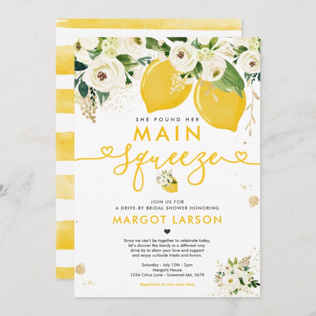 Lemon Drive By Bridal Shower Lemon Main Squeeze Invitation (Front/Back)
