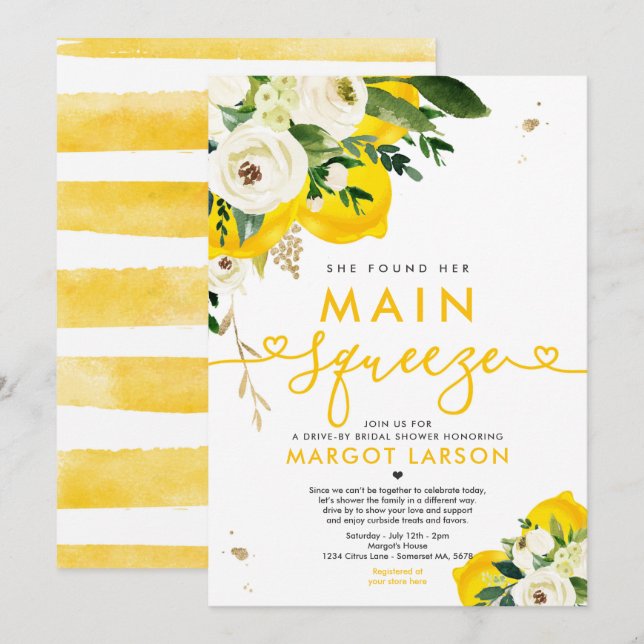 Lemon Drive By Bridal Shower Lemon Main Squeeze Invitation (Front/Back)