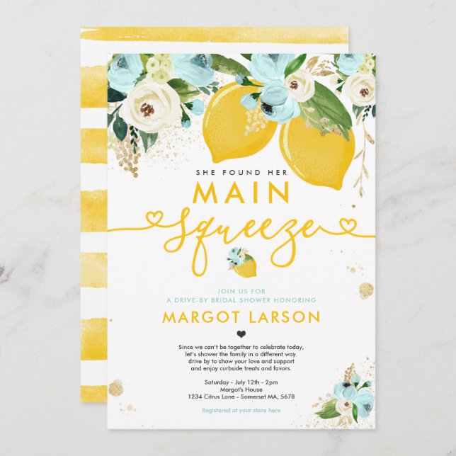 Lemon Drive By Bridal Shower Lemon Main Squeeze Invitation (Front/Back)