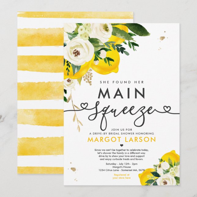 Lemon Drive By Bridal Shower Lemon Main Squeeze Invitation (Front/Back)