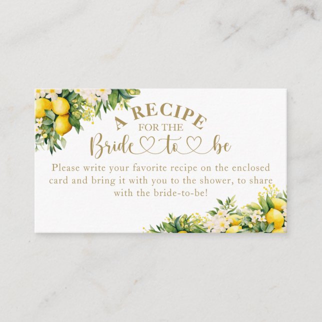 Lemon Elegant Modern Summer Bridal Shower  recipe Enclosure Card (Front)