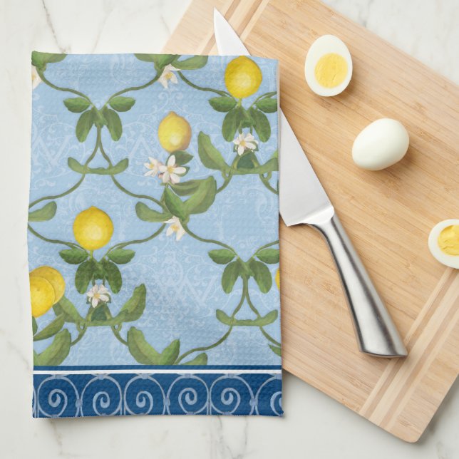Lemon Espalier Leaf Blue French Country Floral Kitchen Towel (Quarter Fold)