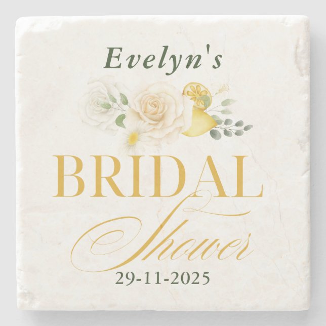Lemon Eucalyptus Rose Bridal Shower Stone Coaster (Front)