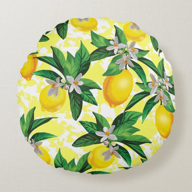 Lemon Fantasy: Creative Floral Pattern Round Pillow (Front)