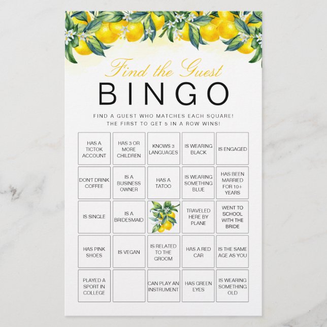 Lemon Find The Guest Bingo Bridal Shower Game Card (Front)