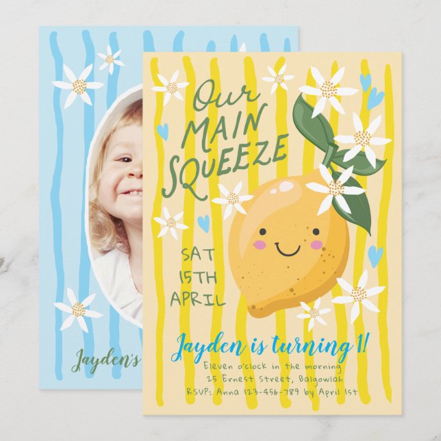 Lemon First Birthday Invite, Main Squeeze 1st  Invitation (Front/Back)