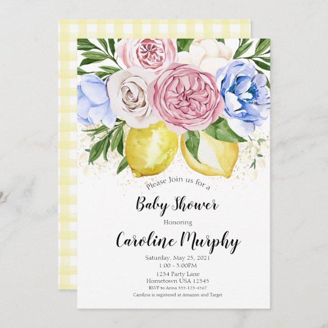 Lemon Floral Baby Shower invitation Gender Neutral (Front/Back)