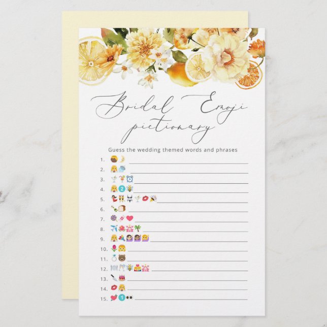 Lemon floral bridal shower emoji pictionary game (Front/Back)