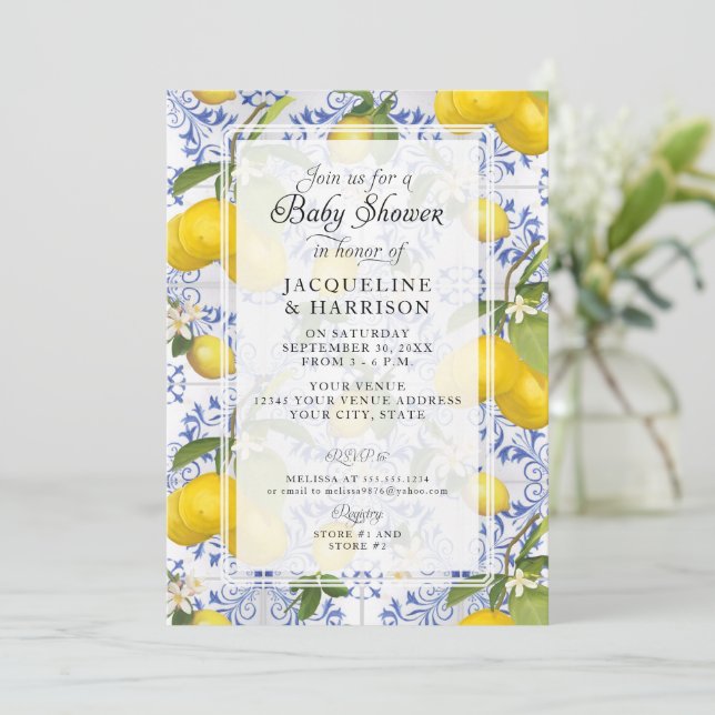 Lemon Floral Citrus Foliage Blue White Baby Shower Invitation (Standing Front)