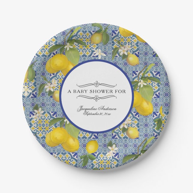 Lemon Floral Citrus Foliage Blue White Baby Shower Paper Plate (Front)