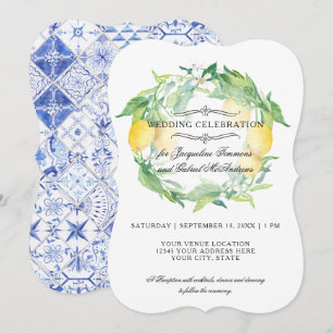 Lemon Floral Citrus Foliage Rustic Blue White Tile Invitation