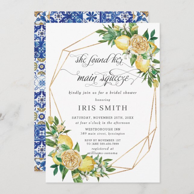 Lemon Floral Geometric Main Squeeze Bridal Shower Invitation (Front/Back)