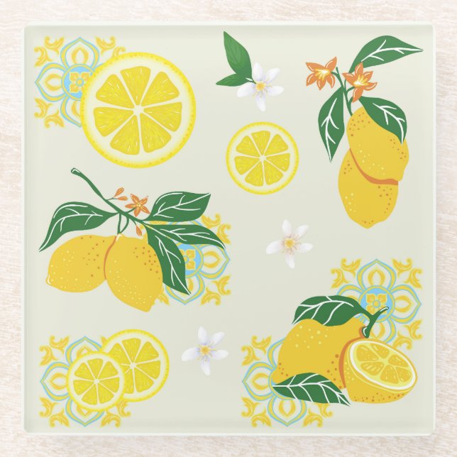 Lemon Floral Glass Coaster (Front)