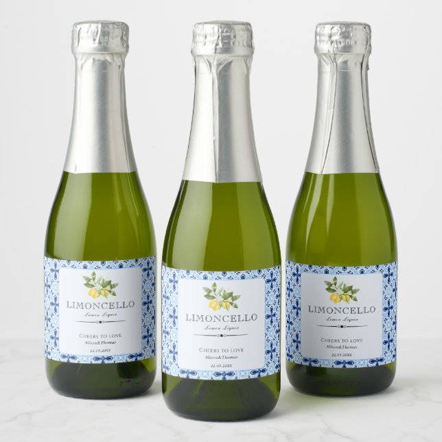 Lemon Floral Limoncello Wedding Blue Tile Italian  Sparkling Wine Label (Bottles)