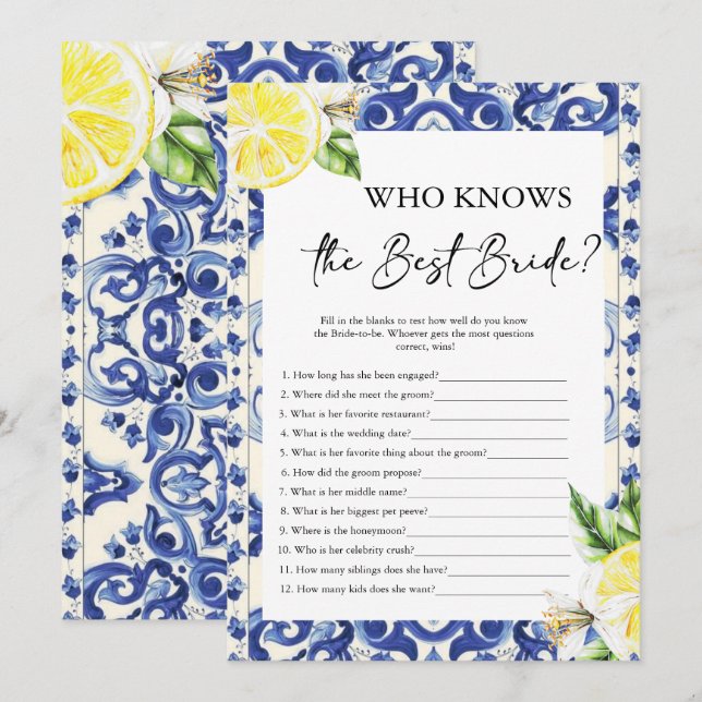 Lemon Floral Mediterranean Bridal Shower game Invitation (Front/Back)