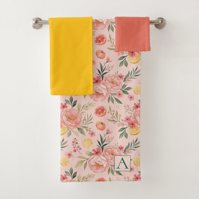Lemon  Floral pink Peony rustic Pattern monogram Bath Towel Set (Insitu)