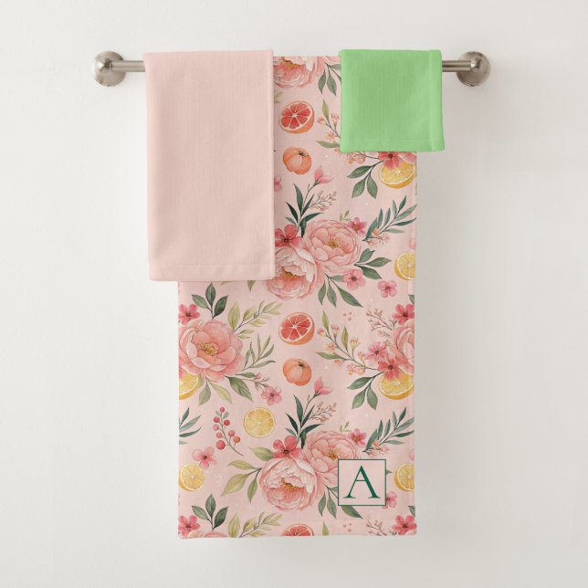 Lemon  Floral pink Peony rustic Pattern monogram  Bath Towel Set (Insitu)